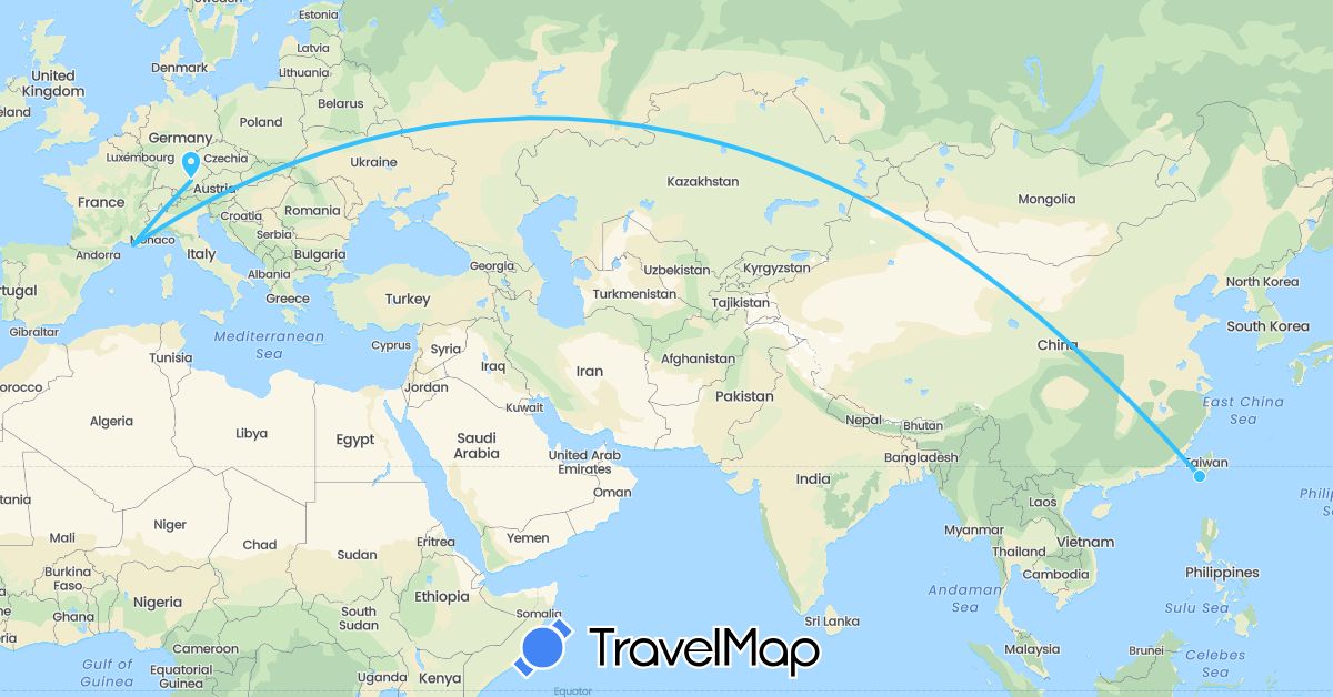 TravelMap itinerary: driving, boat in Germany, France, Taiwan (Asia, Europe)